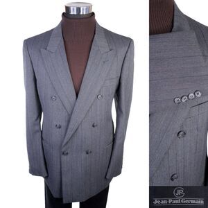 VTG Jean Paul Germain 44R Brown Stripe Wool Blend Double Breasted Suit Jacket